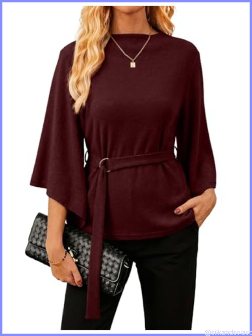 Women's 3/4 Sleeve Batwing Blouse with Ring Belt Dressy Casual Business Top